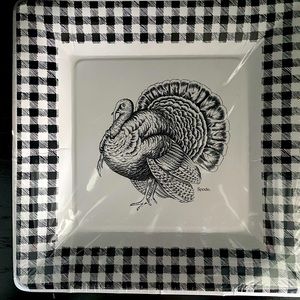 SPODE Thanksgiving Turkey Christmas paper Dinner plates black white check NEW